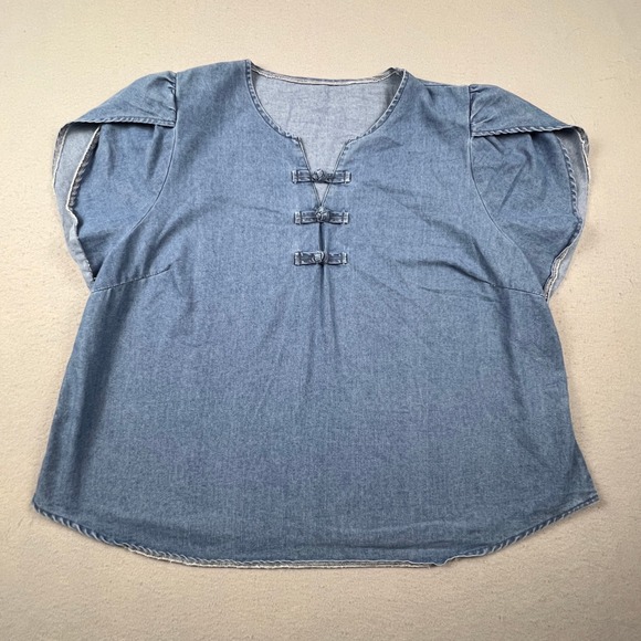 SHEIN Tops - Cottage Denim Blouse Women 4XL Blue Frog Knot Split Neck Tulip Sleeve Casual Top